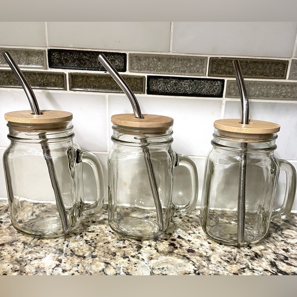 Other - Set of 3 Glass Mason Jar Mugs with Bamboo Lids and Metal Straws